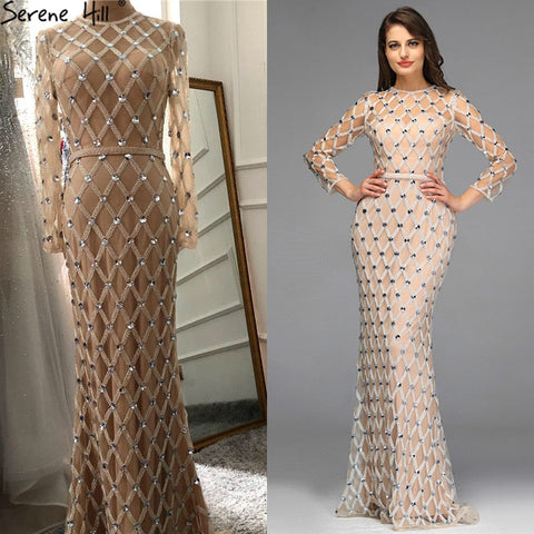 Muslim Long Sleeves Nude Silver Evening Dresses 2025 Latest Design O-Neck Diamond Luxury Formal Dress LA60977
