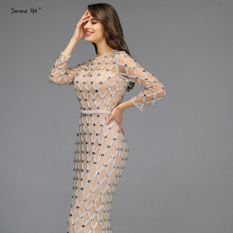 Muslim Long Sleeves Nude Silver Evening Dresses 2025 Latest Design O-Neck Diamond Luxury Formal Dress LA60977