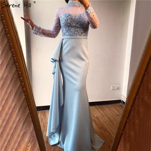 Muslim Luxury Blue Long Sleeves Evening Dresses 2025 High Neck Sequined Ruffles Formal Dress LA70035