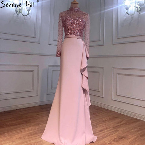 Muslim Luxury Blue Long Sleeves Evening Dresses 2025 High Neck Sequined Ruffles Formal Dress LA70035