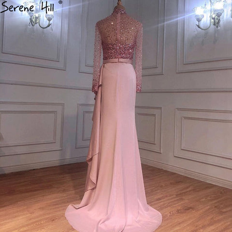 Muslim Luxury Blue Long Sleeves Evening Dresses 2025 High Neck Sequined Ruffles Formal Dress LA70035