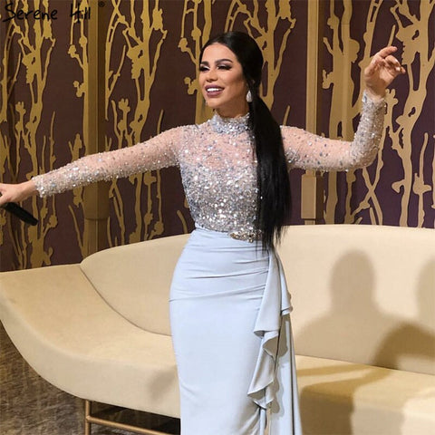 Muslim Luxury Blue Long Sleeves Evening Dresses 2025 High Neck Sequined Ruffles Formal Dress LA70035