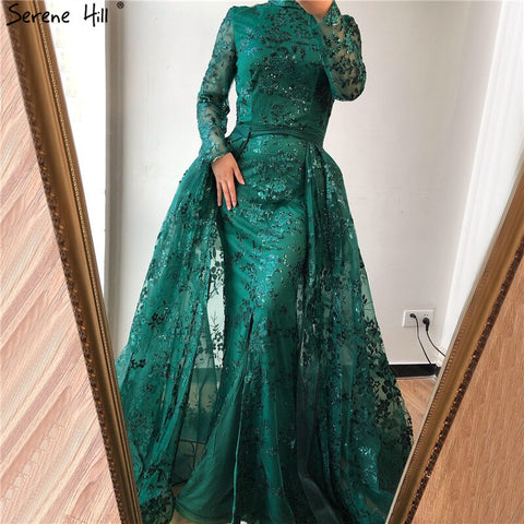 Muslim Luxury Long Sleeve Green Evening Dresses 2025 Mermaid Sparkle High Neck Evening Gowns Design LA60755