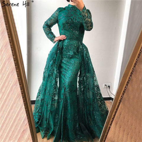 Muslim Luxury Long Sleeve Green Evening Dresses 2025 Mermaid Sparkle High Neck Evening Gowns Design LA60755