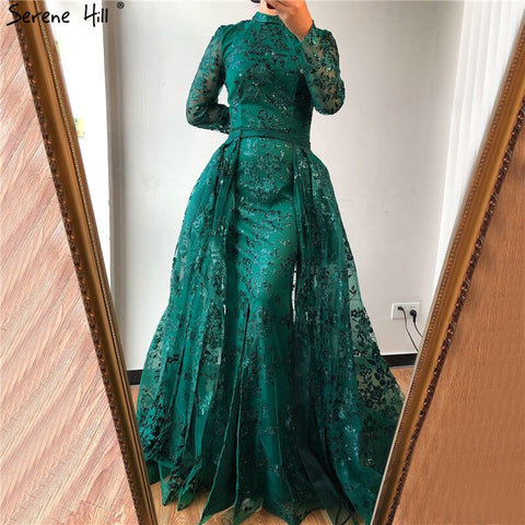 Muslim Luxury Long Sleeve Green Evening Dresses 2025 Mermaid Sparkle High Neck Evening Gowns Design LA60755