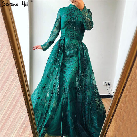 Muslim Luxury Long Sleeve Green Evening Dresses 2025 Mermaid Sparkle High Neck Evening Gowns Design LA60755