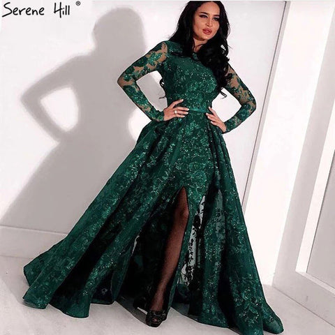 Muslim Luxury Long Sleeve Green Evening Dresses 2025 Mermaid Sparkle High Neck Evening Gowns Design LA60755