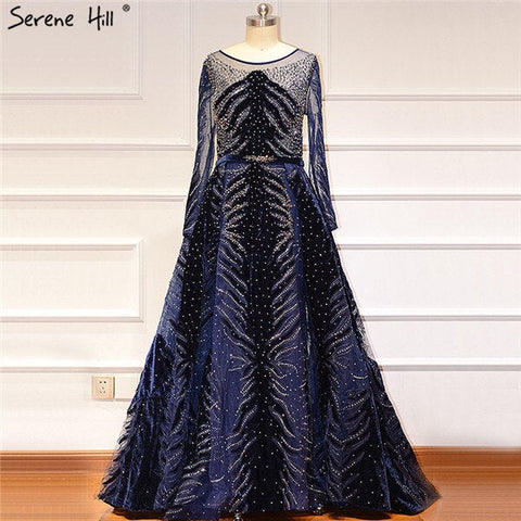 Muslim Luxury Navy Blue Evening Dresses 2025 Long Sleeves  Mermaid Dress With Skirt Sexy Formal Dress LA60914