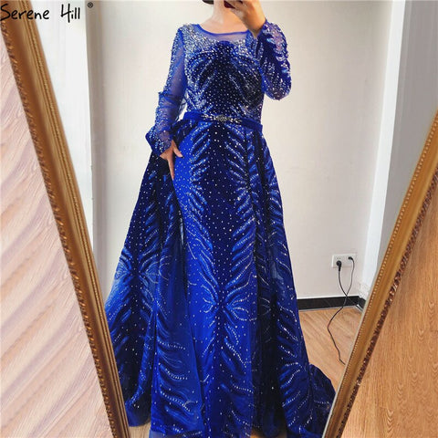 Muslim Luxury Navy Blue Evening Dresses 2025 Long Sleeves  Mermaid Dress With Skirt Sexy Formal Dress LA60914
