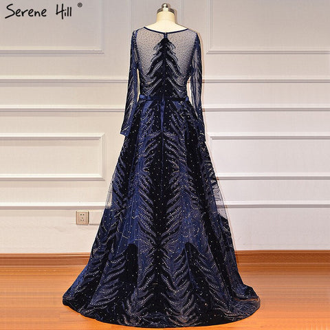 Muslim Luxury Navy Blue Evening Dresses 2025 Long Sleeves  Mermaid Dress With Skirt Sexy Formal Dress LA60914
