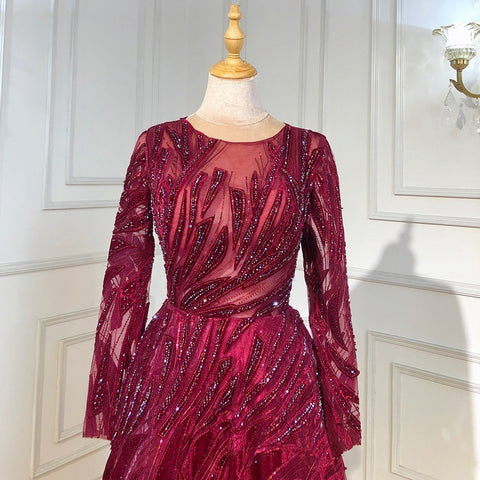 Muslim Navy Blue A-Line Luxury Evening Dresses Gowns 2025 Crystal Long Sleeves For Women Party LA71501