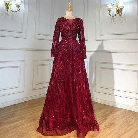 Muslim Navy Blue A-Line Luxury Evening Dresses Gowns 2025 Crystal Long Sleeves For Women Party LA71501