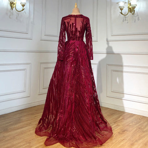 Muslim Navy Blue A-Line Luxury Evening Dresses Gowns 2025 Crystal Long Sleeves For Women Party LA71501