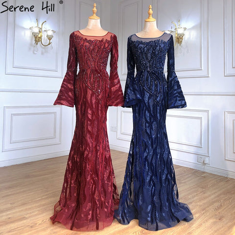 Muslim Navy Blue Mermaid Elegant Evening Dresses Gowns 2025 Flare Sleeve Luxury For Women Party LA71417