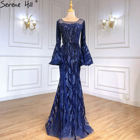 Muslim Navy Blue Mermaid Elegant Evening Dresses Gowns 2025 Flare Sleeve Luxury For Women Party LA71417