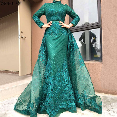 On Sale no return no refundSale Muslim Pink High Collar Evening Dresses 2025 Handmade Flowers Long Sleeves Mermaid Evening Gowns LA6542