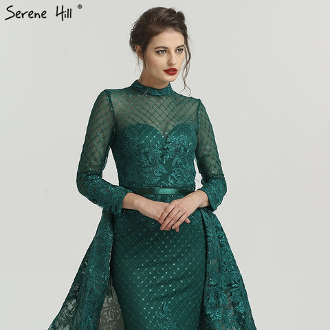 On Sale no return no refundSale Muslim Pink High Collar Evening Dresses 2025 Handmade Flowers Long Sleeves Mermaid Evening Gowns LA6542