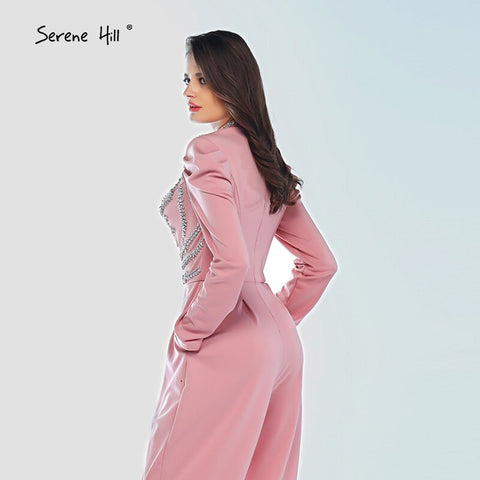 On Sale No Return No Refund Sale Muslim Pink Long Sleeves Evening Dresses High Collar Diamond Jumpsuit Formal Dress LA60910