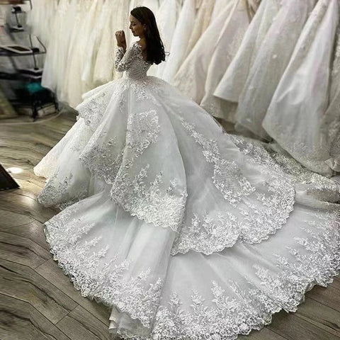 Muslim Wedding Dresses Women's Elegant A-line Arab Bridal Gowns Lace Applique Robe Luxury Princess Layered Group 2023 De Mariée