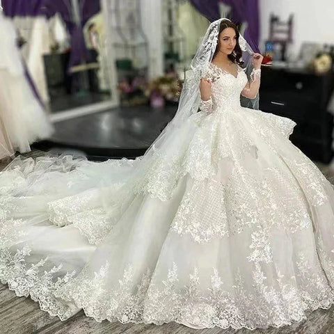 Muslim Wedding Dresses Women's Elegant A-line Arab Bridal Gowns Lace Applique Robe Luxury Princess Layered Group 2023 De Mariée