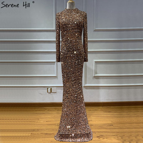 Muslimischen Rose Gold High Neck Luxus Abendkleider 2025 Neueste Design 3D Pailletten Langen Ärmeln Abendkleider LA60851