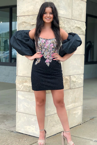 Robe de bal noire sans bretelles ornée d'appliques et de perles, manches amovibles Y2823