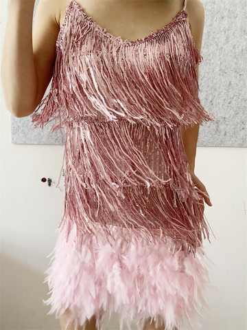 Vestido sexy de mujer con plumas brillantes y borlas, vestido rosa de lentejuelas con flecos para baile estilo años 20, vestido formal de verano, vestido rosa para fiesta de bienvenida Y2470