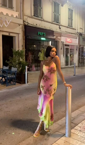 Vestido de noche largo de gasa con tirantes finos, cuentas degradadas en rosa y verde, con volantes, para fiesta o graduación Y8495