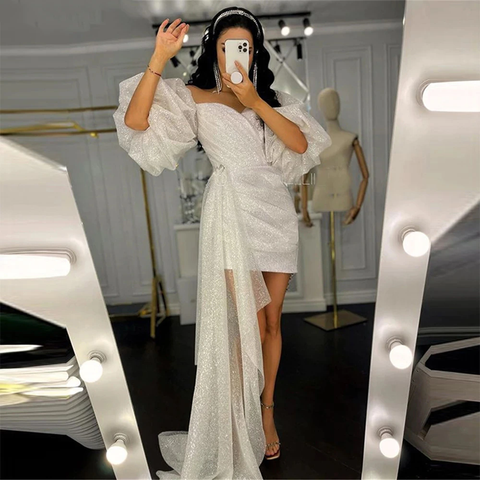 Vestido de novia corto con mangas abullonadas, escote corazón, brillante, moderno, ideal para damas de honor o para fiestas (modelo Y1208)