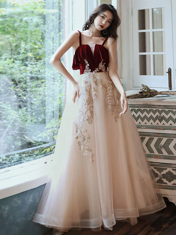 A-line Green Tulle Lace Long Prom Dress, Green Formal Evening Dress Y1928