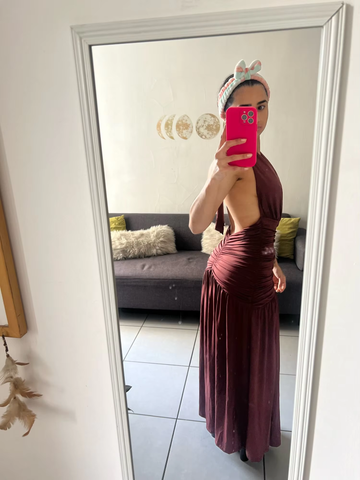 Vestido de fiesta marrón sexy con escote halter, espalda descubierta, corte en A y abertura lateral, modelo Y8481