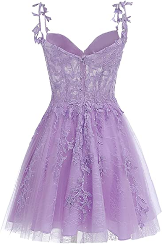 Vestido corto de fiesta de bienvenida de tul floral morado con apliques de encaje y pedrería Y857
