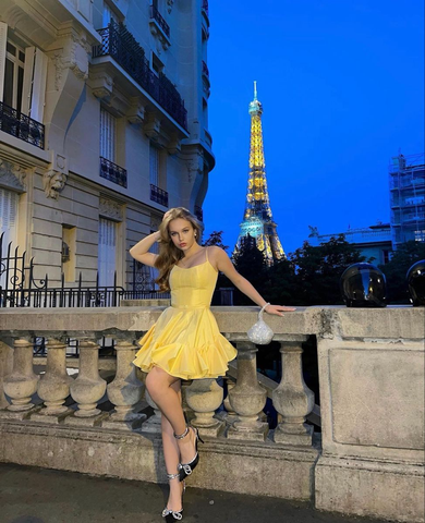 Vestido amarillo de tirantes finos estilo corte A para baile de bienvenida, vestido amarillo de graduación para adolescente Y2364