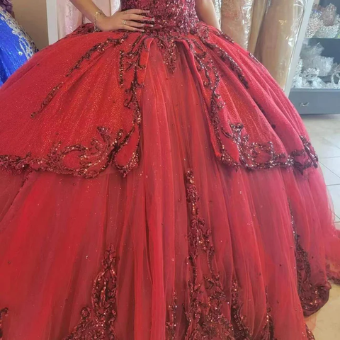 Vestidos rojos de quinceañera con lentejuelas, apliques de cuentas, escote corazón, vestidos de fiesta formales de princesa, vestidos Y4257