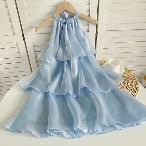Vestido de fiesta corto de organza azul sencillo con cuello halter y capas, modelo Y8089