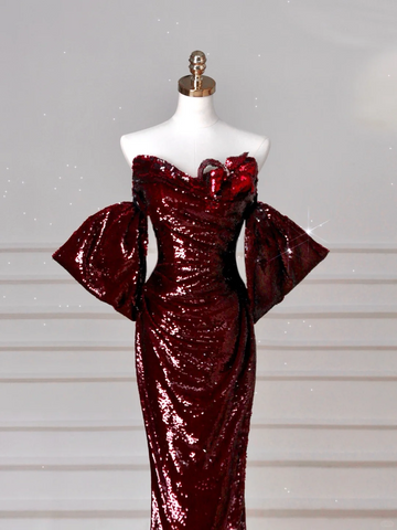 Robe de soirée sirène bordeaux à sequins épaules dénudées, modèle Y8639