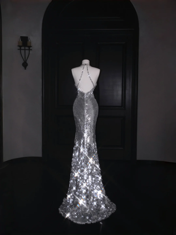 Vestido de noche plateado brillante con escote halter en V profundo, lentejuelas, espalda descubierta y cuentas, estilo sirena, modelo Y8687