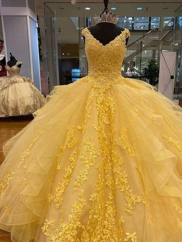 Robe de bal jaune en tulle et dentelle, coupe trapèze, pour quinceañera ou Sweet 15 (Y4065)