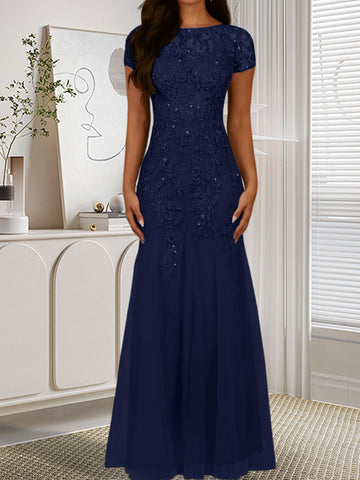 Dark Navy Mermaid Scoop Sequins Tulle Dress