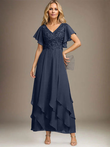 A-line V-Neck Ankle-Length Lace Chiffon Mother of the Bride Dress With Cascading Ruffles