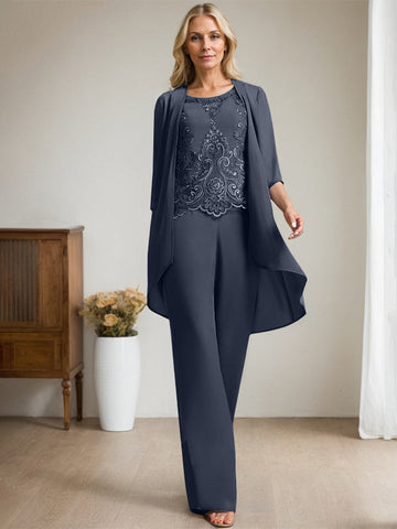 Separates Jumpsuit/Pantsuit Scoop Floor-Length Chiffon Lace Mother of the Bride Dress With Beading Sequins