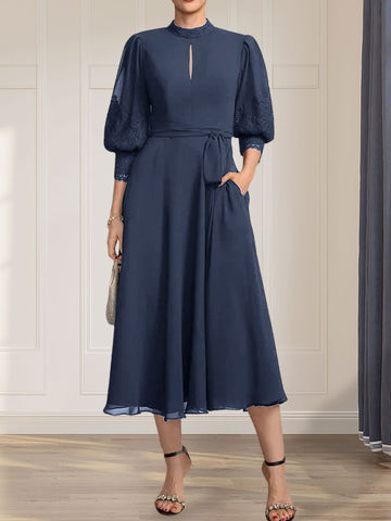 A-line High Neck Tea-Length Lace Chiffon Mother of the Bride Dress With Bow