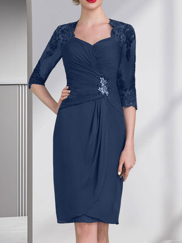Sheath/Column Sweetheart Knee-Length Chiffon Mother of the Bride Dress With Beading Appliques Lace Sequins Pleated