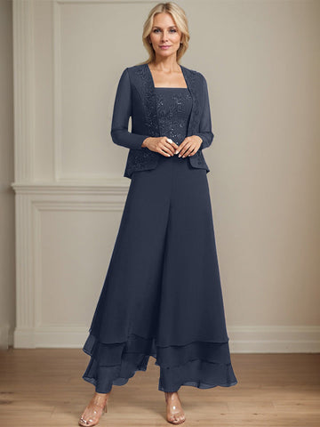 Separates Jumpsuit/Pantsuit Square Ankle-Length Lace Chiffon Mother of the Bride Dress With Sequins