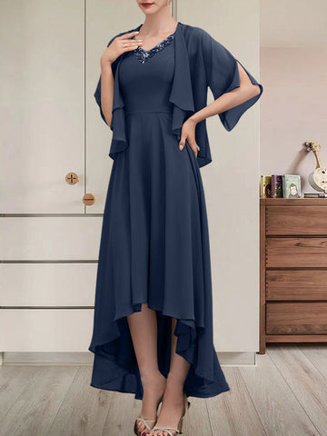 A-line V-Neck Asymmetrical Chiffon Mother of the Bride Dress With Beading Sequins