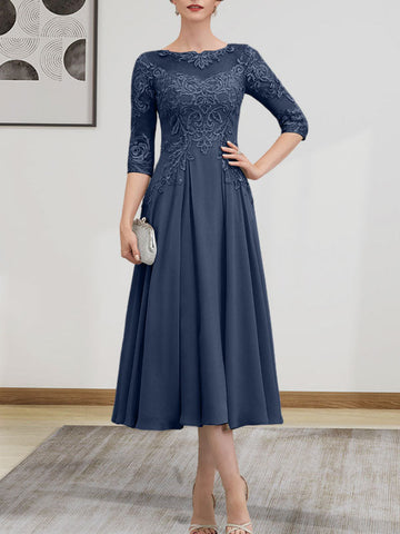 A-line Scoop Illusion Tea-Length Chiffon Lace Mother of the Bride Dress With Beading Sequins