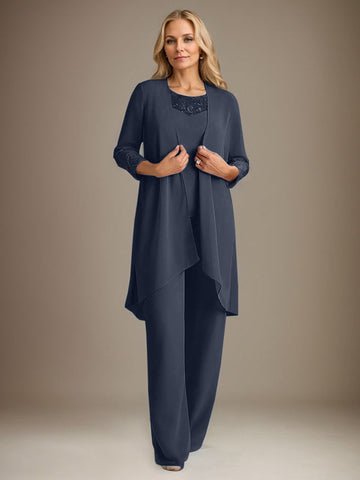 Chiffon Scoop Long Sleeves Mother Of The Bride Pantsuits With Jacket