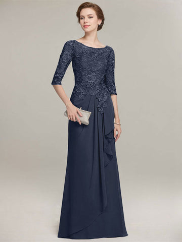 A-line Scoop Illusion Floor-Length Lace Chiffon Mother of the Bride Dress With Cascading Ruffles