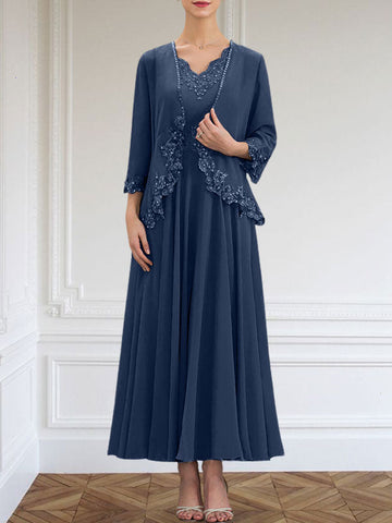 A-line V-Neck Ankle-Length Chiffon Mother of the Bride Dress With Sequins Appliques Lace Beading