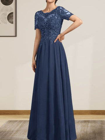 A-line Scoop Illusion Floor-Length Chiffon Lace Mother of the Bride Dress With Sequins Beading